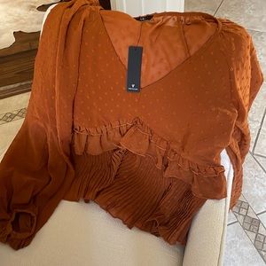 Thrills and Frills Rust Orange Swiss Dot Ruffled Long Sleeve Top